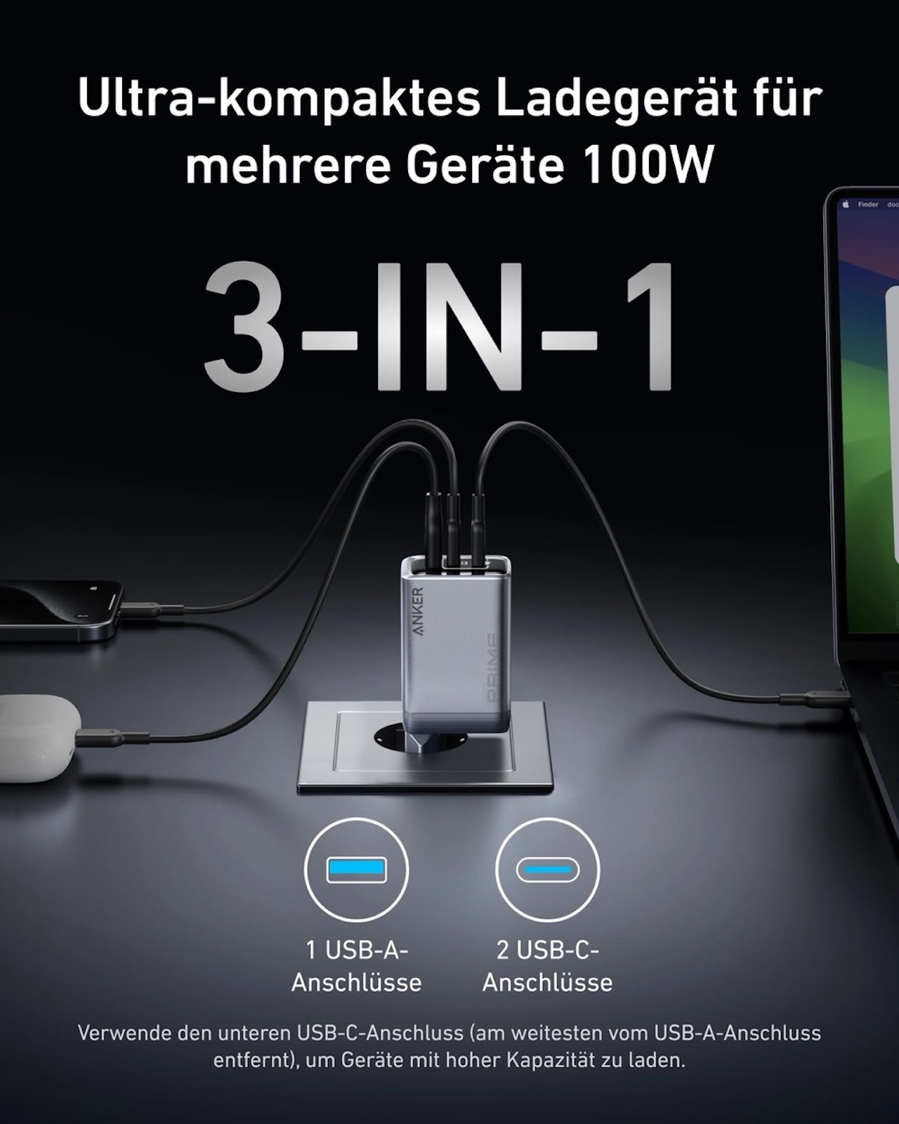 Anker Prime 100W USB-C Ladegerät, 3 Ports, Klappbar